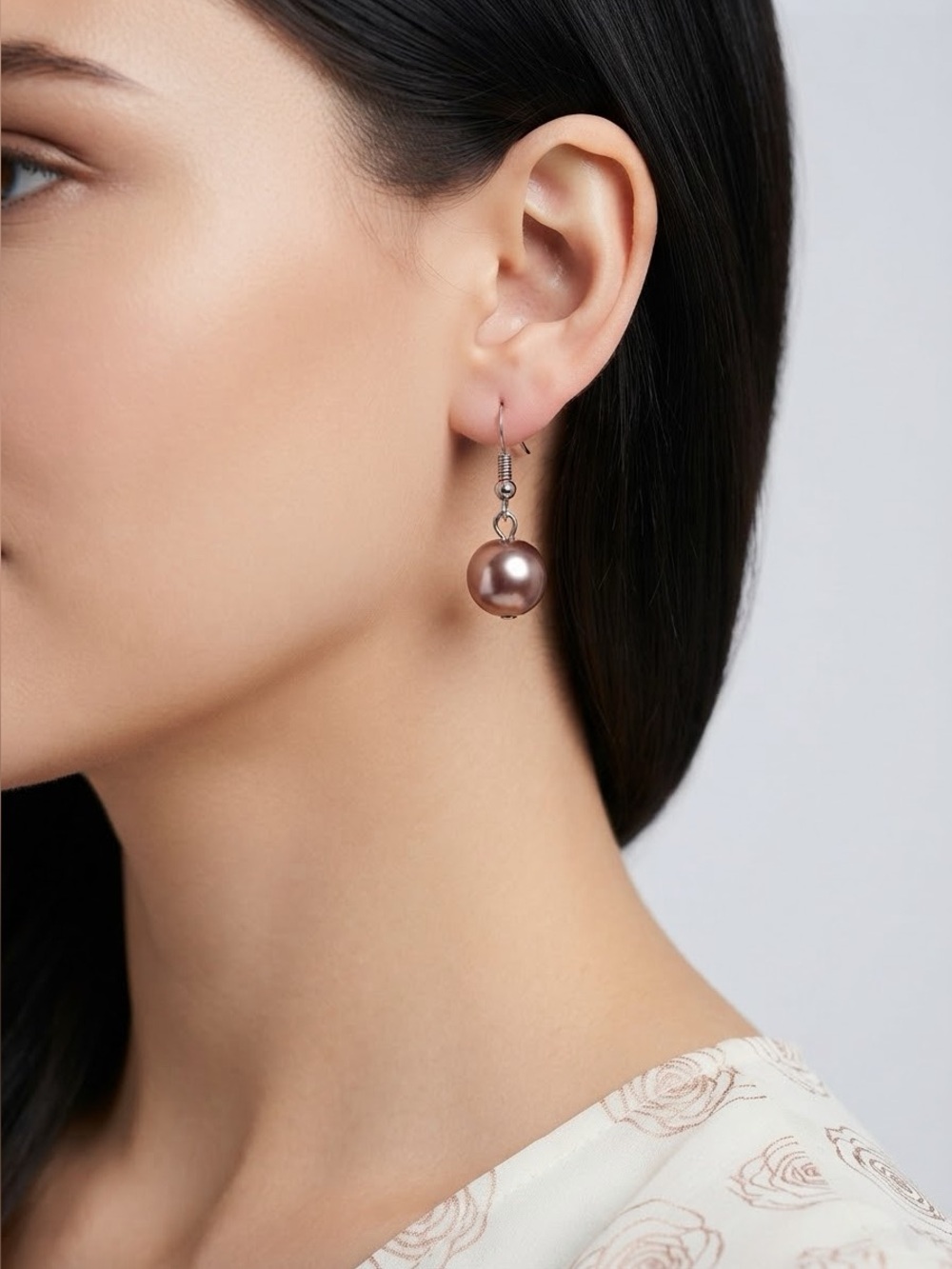 Rose Gold Faux Pearl Dangle Earrings | Large Luster Pearl Silver Fishhook